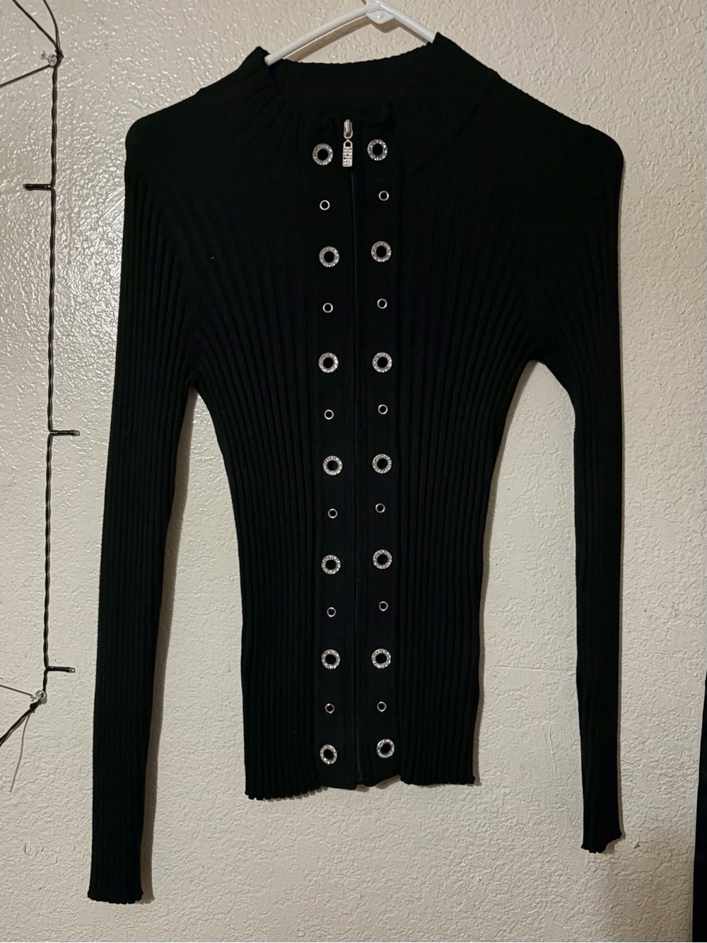 Belldini Black Ribbed Sweater with Eyelet Zip Front